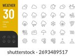 
Weather Line Editable Icons set. Vector illustration in modern thin style of weather phenomena related icons: rationality, sun, cloud, rain, and more. Isolated on transparent background.
