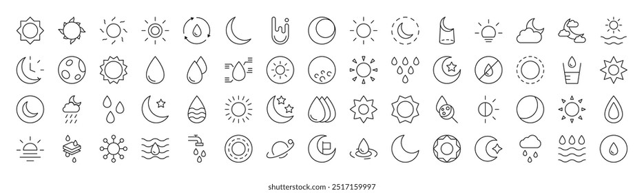 Symbolpaket für Wetterlinie. Moderne Kollektion für Design, Websites, Apps, Karten. Enthält lineare Bilder von Sonne, Mond, Dusche