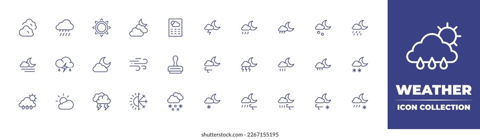 Weather line icon collection. Editable stroke. Vector illustration. Containing clouds, rainy, sun, cloudy night, weather, thunder night, shower night, hail night, drizzle, fog.