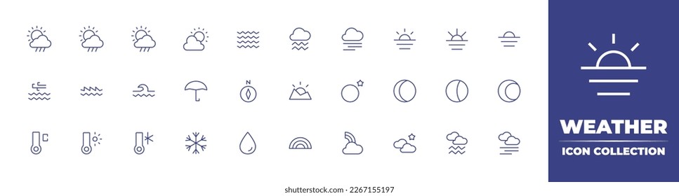 Weather line icon collection. Editable stroke. Vector illustration. Containing rainy day, weather, capillary waves, mist, fog, sunset, wind waves, swells waves, big waves, umbrella.