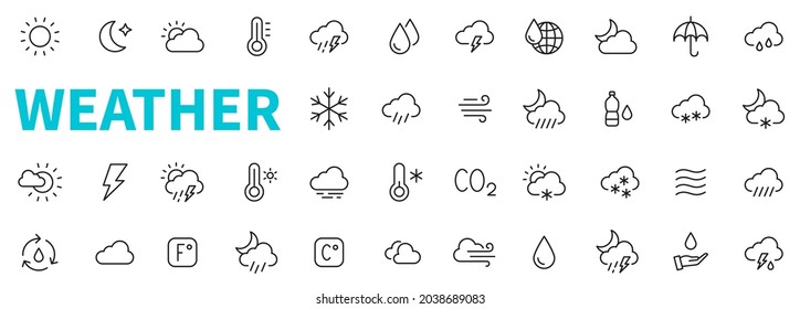 Weather line icon collection. Weather forecast symbol. Outline Weather icons set. Weather, cloud, rain, snow, wind, hurricane, sun, moon, thermometer and more - stock vector.
