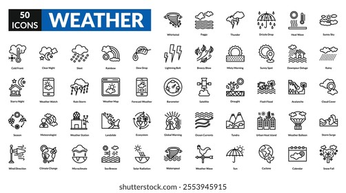 Weather line icon collection set. Includes sunshine, rain, storm, clouds, snow, temperature, wind, thunder, forecast, humidity, lightning, breeze, weather vane, precipitation, barometer