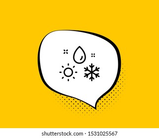 Weather line icon. Comic speech bubble. Winter snowflake sign. Sun and rain symbol. Yellow background with chat bubble. Weather icon. Colorful banner. Vector