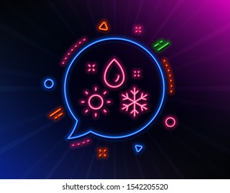Weather line icon. Neon laser lights. Winter snowflake sign. Sun and rain symbol. Glow laser speech bubble. Neon lights chat bubble. Banner badge with weather icon. Vector