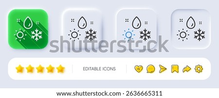 Weather line icon. Neumorphic, Flat shadow, 3d buttons. Winter snowflake sign. Sun and rain symbol. Line weather icon. Social media icons. Vector