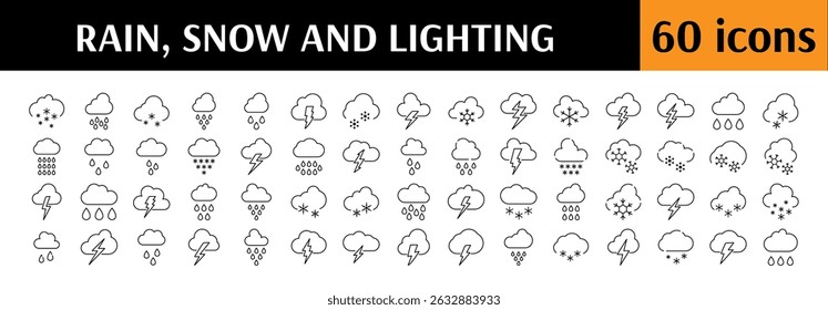 Weather Line Icon Pack. Lightning, Rain, Snow Outline Signs for Graphic and Web Design, Apps, Adverts, Various Cards