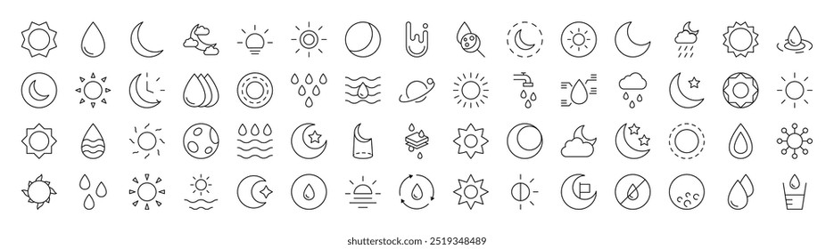 Weather Line Icon Pack. Modern Collection for Design, Web Sites, Apps, Cards. Contains Linear Images of Sun, The Moon, Shower