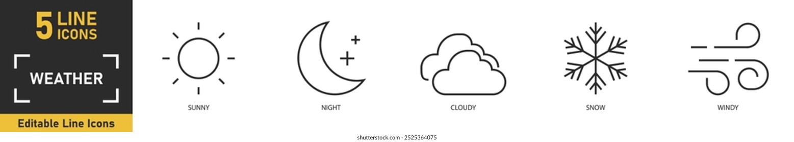 Symbolsatz für Wetterlinie. Set von 5 Umrisssymbolen, die sich auf Sonne, Nacht, Wolken, Schnee, windig und mehr beziehen. Vektorgrafik.