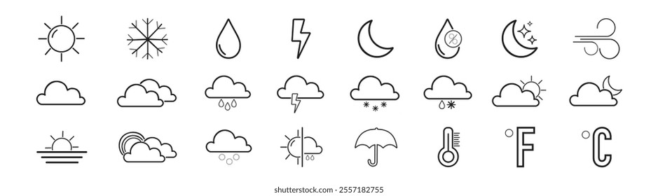 Weather line icon set with editable stroke. Clouds, wind, rain, sun, weather forecast, snow, moon and snowflakes. Vector illustration.