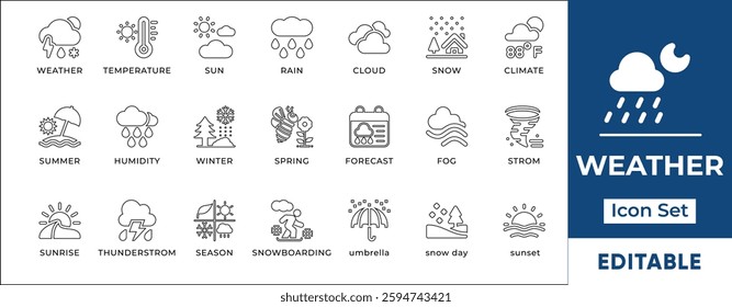 Weather Line Icon Set. Features editable icons for weather symbols, climate, forecast, temperature, humidity, and more. Perfect for weather apps, meteorology websites, and environmental organizations.