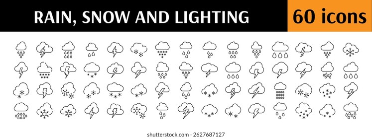 Conjunto de Ícones da Linha do Tempo. Relâmpagos, chuva, neve outline sinais para design gráfico e web, aplicativos, anúncios, várias cartas 
