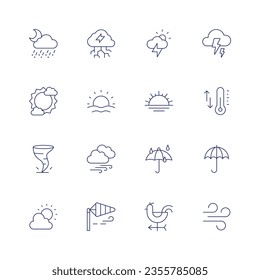 Weather line icon set on transparent background with editable stroke. Containing snowy, storm, sunny, sunrise, sunset, temperature, tornado, windy, umbrella, weather, wind direction, wind signal.