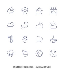 Weather line icon set on transparent background with editable stroke. Containing acid rain, bad weather, bright, calendar, cloudy, cold, defrost, fog, global warming, lightning, meteorology.