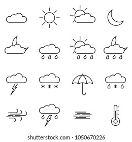 Weather line icon set. Outline weather forecast symbols: clouds, sun, moon, rain. Vector illustration.