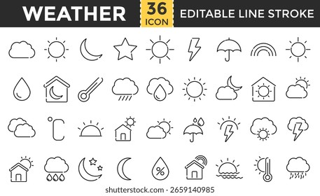 Conjunto de iconos de línea de Clima. Colección de iconos de trazos editables para pronóstico, tormenta, temperatura, lluvia, nieve, sol, nube, clima y viento