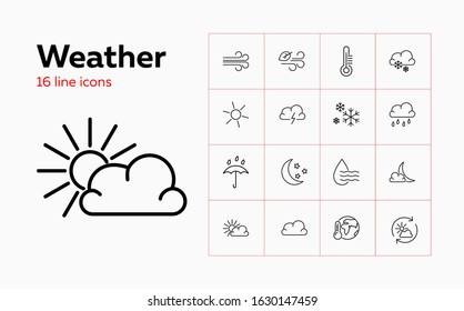 Weather line icon set. Sun, wind, rain. Climate concept. Can be used for topics like nature, global warming, weather forecast