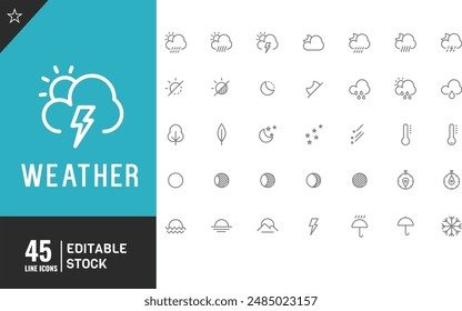 Conjunto de iconos de la línea de Clima. Ilustración vectorial, lluvia, sol, previsión del Clima, nieve, luna, copos.	
