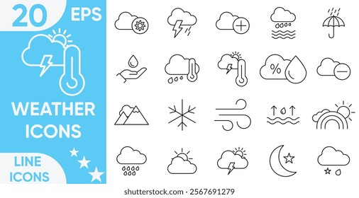 Weather line icon set.Weather and meteorology, Sun, rain, thunder storm, dew, wind, snow cloud, night sky, Nature, Containing clouds, temperature.Vector and illustrator set.