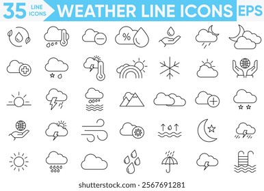 Weather line icon set.Weather and meteorology, Sun, rain, thunder storm, dew, wind, snow cloud, night sky, Nature, Containing clouds, temperature.Vector and illustrator set.