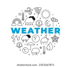 Weather line icons in circular composition. Collection of meteorology symbols. Vector illustration.