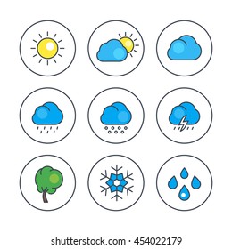 Weather line icons with color filling, rain, snowflake, hail, wind, sun, snow, clouds