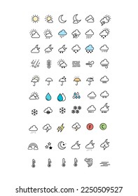 Weather line icons editable stroke vector image.Set of Weather conditions line icons on white background.Wind, temperature, rain. Climate concept.Vector can be used for topics like weather,metrology.