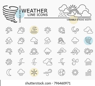 Weather line icons with minimal nodes and editable stroke width and style