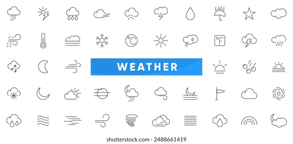 Weather line Icons Pack. Weather, rain, snowflakes, thunderstorm, update, sunny, cloudy, wind, daylight, night, temperature, sun, moon and sun day outline icon collection. UI thin outline icon set.