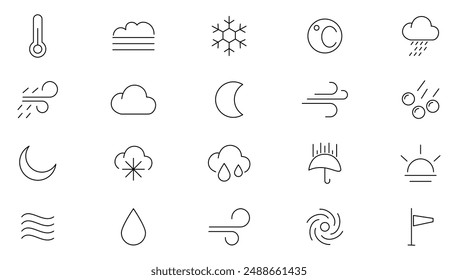 Weather line Icons Pack. Weather, rain, snowflakes, thunderstorm, update, sunny, cloudy, wind, daylight, night, temperature, sun, moon and sun day outline icon collection. UI thin outline icon set.