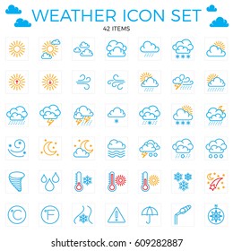 Weather line icons set. 42 items. Clouds, sun, rain, umbrella. 64x64 Editable stroke.