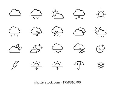 Weather Line Icons set. Editable Stroke. Icons of Weather, Cloud, Rain, Sun, Snow, Climate, Temperature, Moon, Night sky, Wind, Thunder storm, Dew. Vector stock illustration