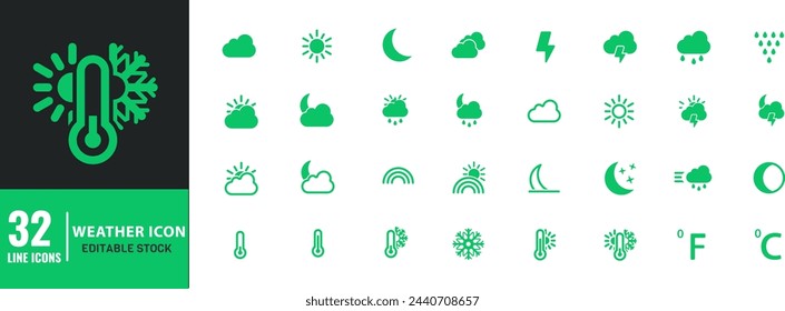 Weather line icons set Editable Stroke. Rain, moon, sun, windy, sky, snow, thermometer Vector Illustration.	
