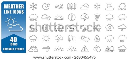 Weather Line Icons Set Features 40 Clean And Minimal Icons Representing Sun, Rain, Snow, Clouds, Storms, And More. Perfect For Forecasts, Apps, Websites. Editable Stroke Line Style. Isolated Vector 