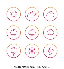 Weather line icons set, forecast elements, sunny, cloudy day, rain, snowflake, hail, snow