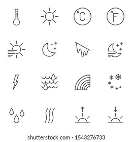 Weather line icons set. linear style symbols collection, outline signs pack. vector graphics. Set includes icons as fahrenheit and celsius thermometer, sun, freeze, night haze, lightning, thunderstorm