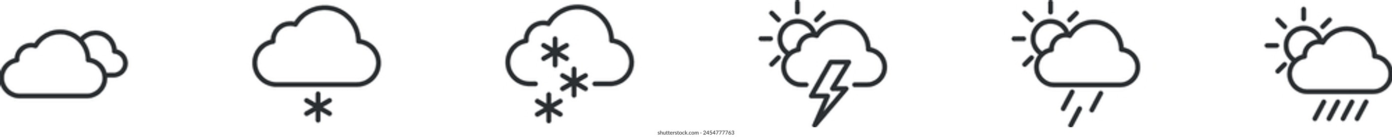 Weather line icons set. Rain, clouds, thunder storm, sun, snow clouds,  minimal vector illustrations.