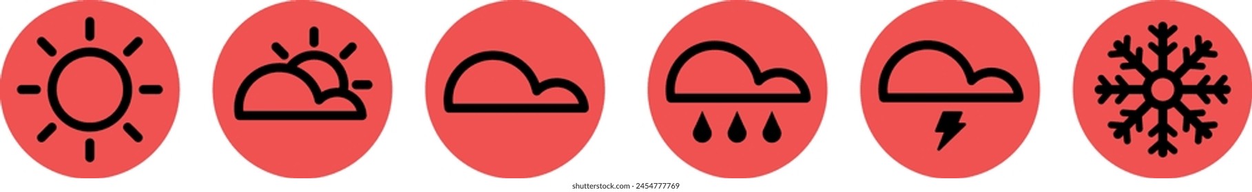 Weather line icons set. Rain, clouds, thunder storm, sun, snow clouds,  minimal vector illustrations.