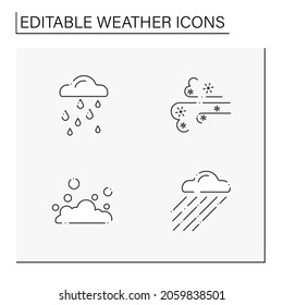 Weather line icons set. Rainy day, floating clouds, heavy rain, dust storm. Meteorology concept. Isolated vector illustrations. Editable stroke