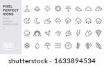 Weather line icons set. Sun, rain, thunder storm, dew, wind, snow cloud, night sky minimal vector illustrations. Simple flat outline signs for web, forecast app. 30x30 Pixel Perfect. Editable Strokes.