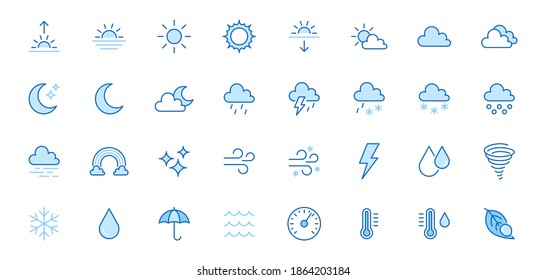 Weather line icons set. Sun, rain, thunder storm, dew, wind, snow cloud, night sky minimal vector illustrations. Simple flat outline signs for web, forecast app. Blue color, Editable Stroke.