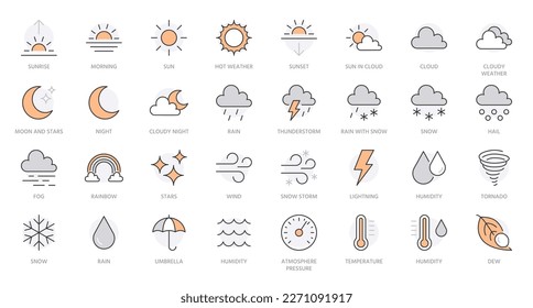 Iconos de línea meteorológica establecidos. Sol, lluvia, tormenta de truenos, rocío, viento, nubes de nieve, cielo nocturno ilustraciones vectoriales mínimas. Sencillos signos planos de contorno para la aplicación web de pronóstico. Color naranja. Stroke Editable