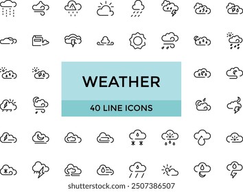 Weather line icons set. Sun, rain, thunder storm, dew, wind, snow cloud, Simple flat outline signs for web, forecast app, Pixel Perfect. Editable Strokes.