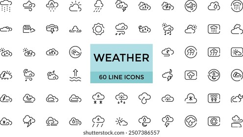 Weather line icons set. Sun, rain, thunder storm, dew, wind, snow cloud, Simple flat outline signs for web, forecast app, Pixel Perfect. Editable Strokes.