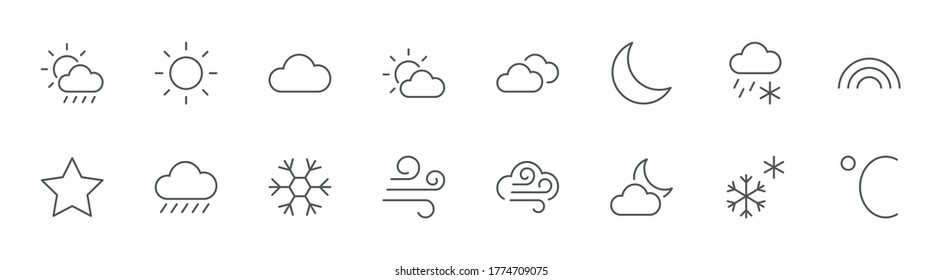Weather Line Icons. Sun, Clouds, Snowflakes, Wind, Rainbow, Moon Editable Stroke