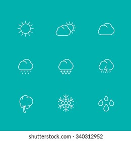 Weather line icons, sunny, cloudy day, rain, hail, snow, wind, isolated set, vector illustration