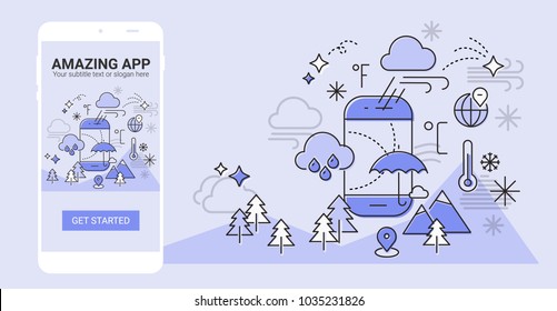 Weather line illustration splash app screen mobile mockup