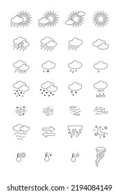 WEATHER - line vector icon set. Pixel perfect. Editable stroke. The set contains icons: Sun, Moon, Cloud, Winter, Summer, Rain, Snow, Blizzard, Umbrella, Snowflake, Sunrise, Wind.