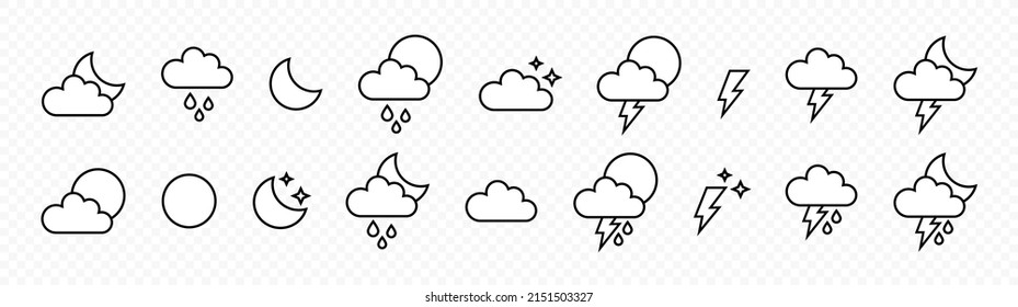 Wetter. Lineare Wettersymbole. Wettervorhersage-Symbole einzeln auf transparentem Hintergrund. Vektorgrafik EPS10