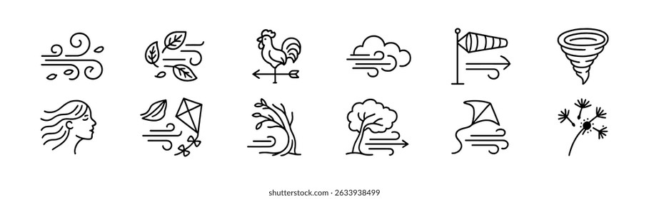 Weather linear icon set - wind, cloud, and nature symbols for forecasting