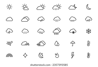 Weather Linear Icons. Weather forecast. Meteorological symbols. Suny, cloudy, rainy, thunderstorm, windy, snow etc. Editable stroke. Vector web icons.